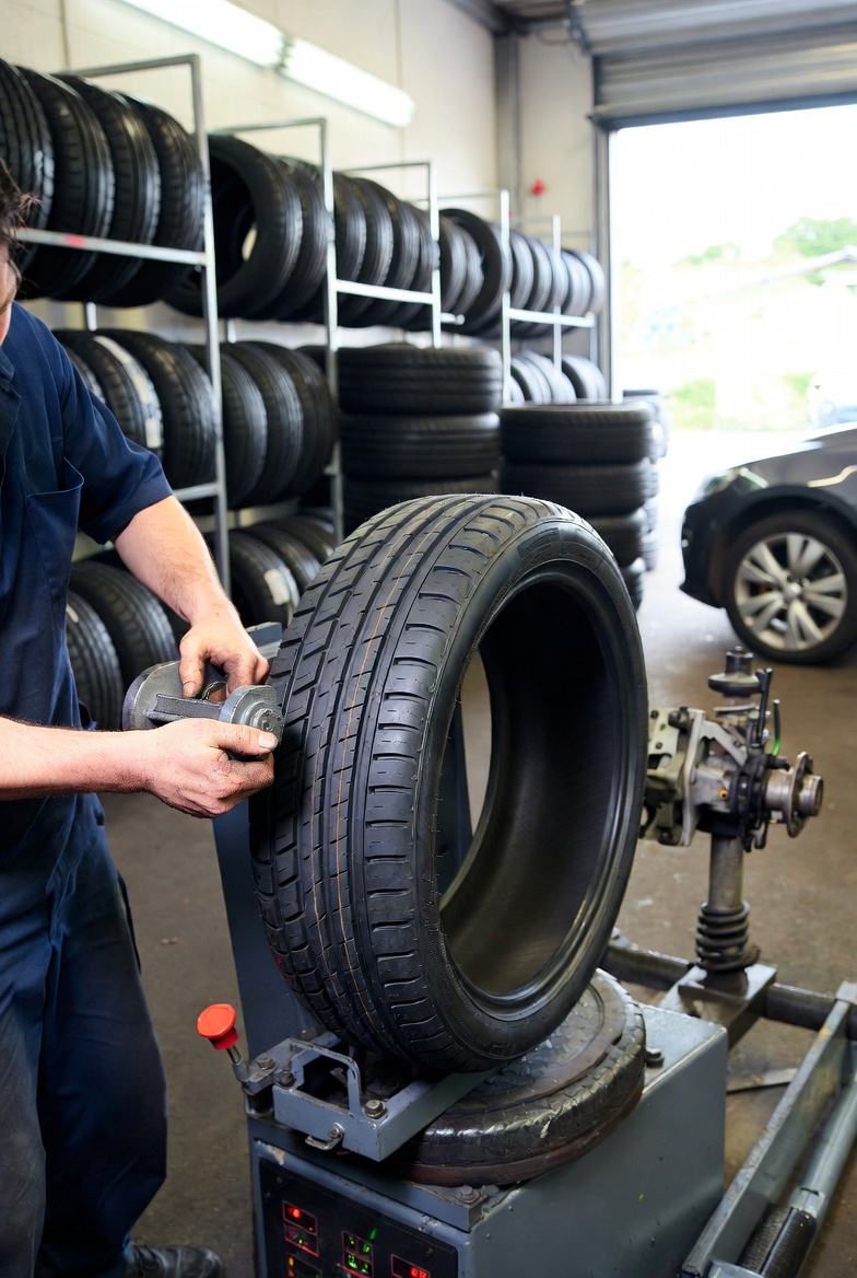 Technician fitting a new replacement tyre in a garage